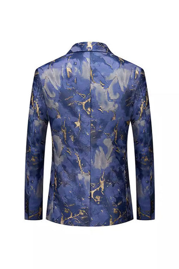 Blue Printed One Button Notched Lapel Fitted Men's Formal Blazer